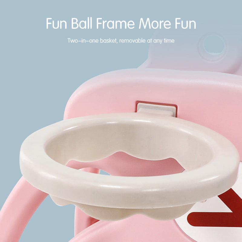 Pink basketball hoop with a detachable white basket on a light blue background