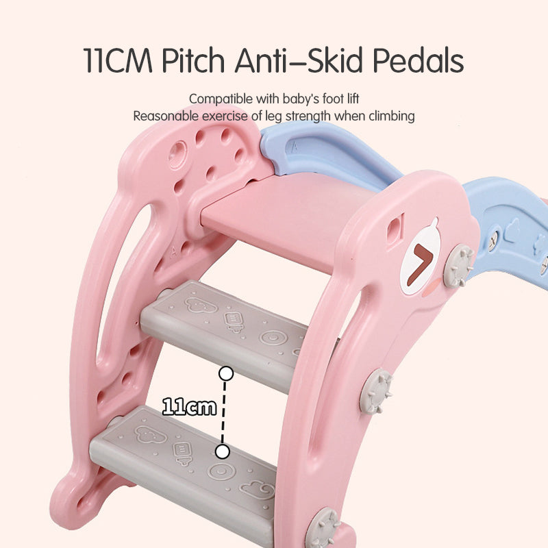 Pink and blue children's slide with anti-skid pedals on a white background