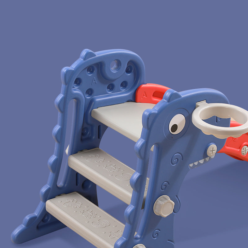 Children's play structure with blue and red accents on a solid background