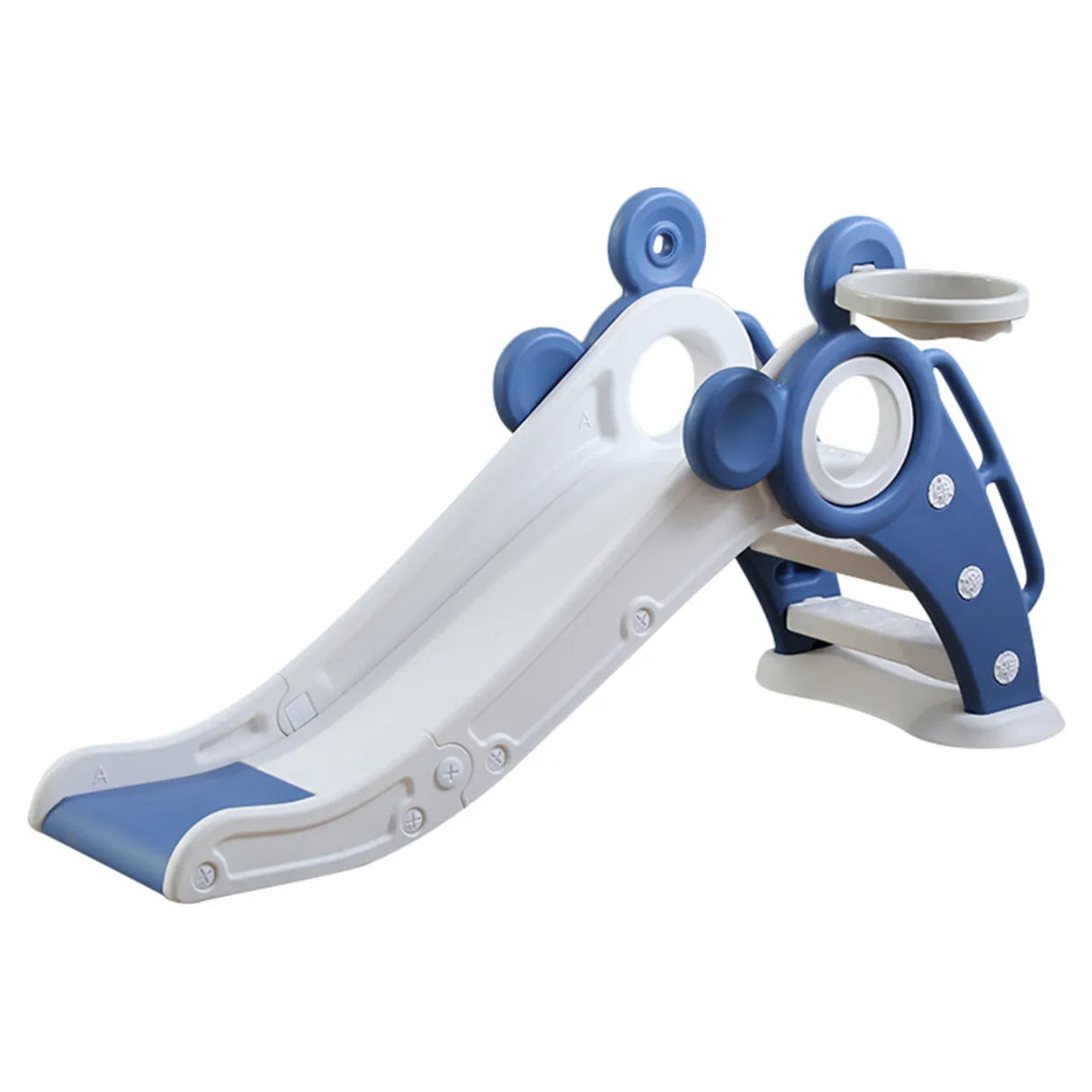 Children's playground slide with blue and white design on a white background