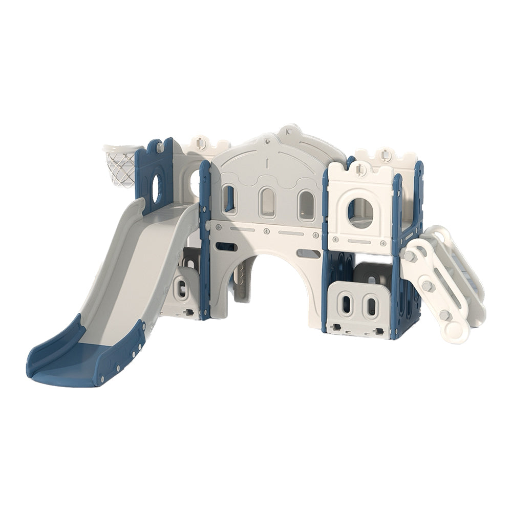 Children's playground structure with slide and climbing area on a white background