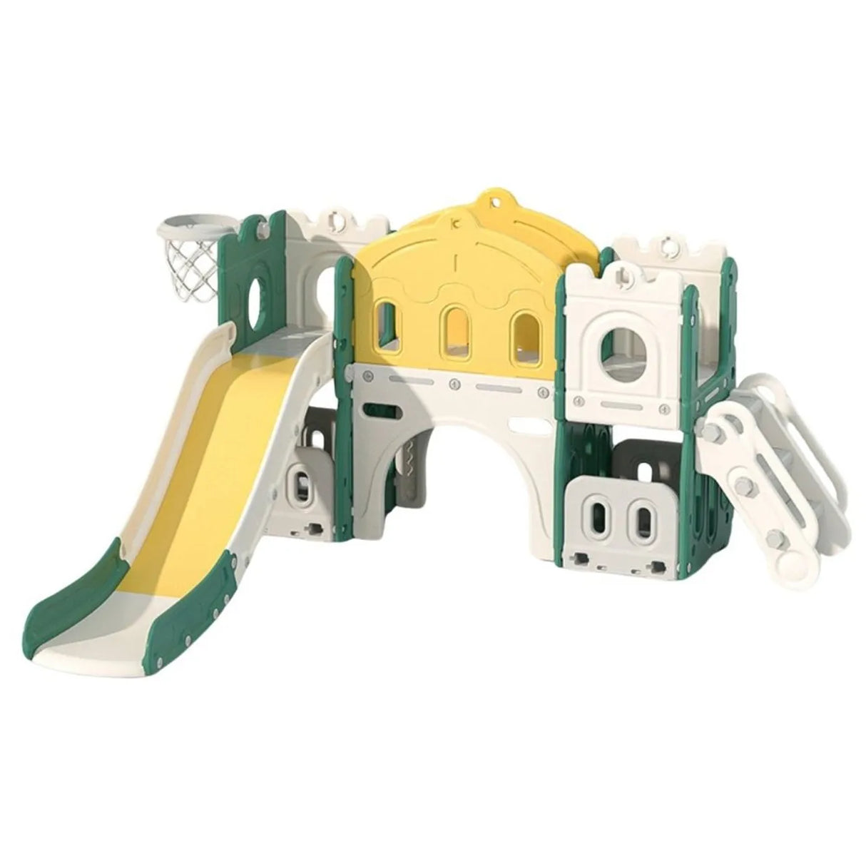 Children's playground slide and play structure with yellow slide and green and white base on a white background