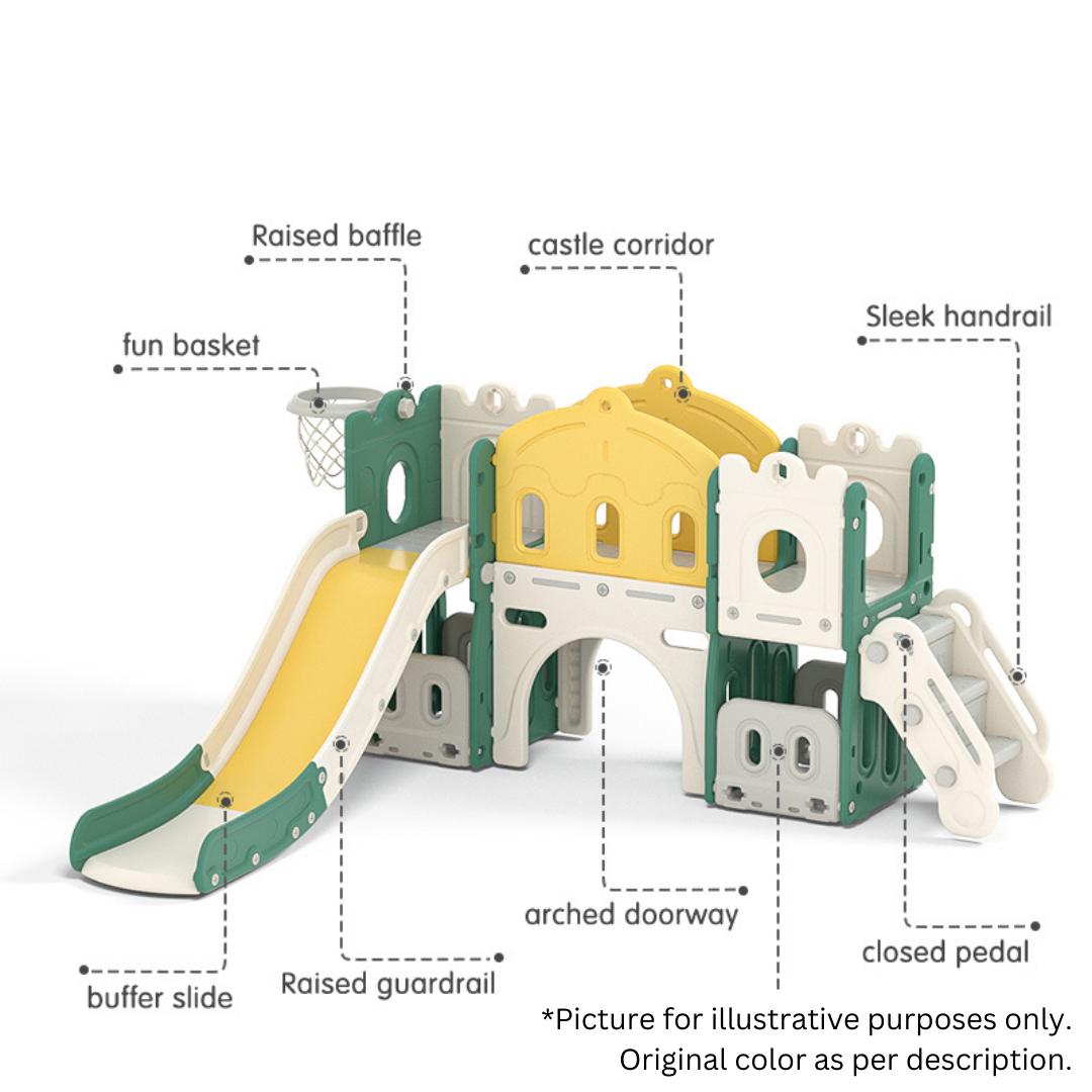 Children's playground structure with labeled parts on a white background