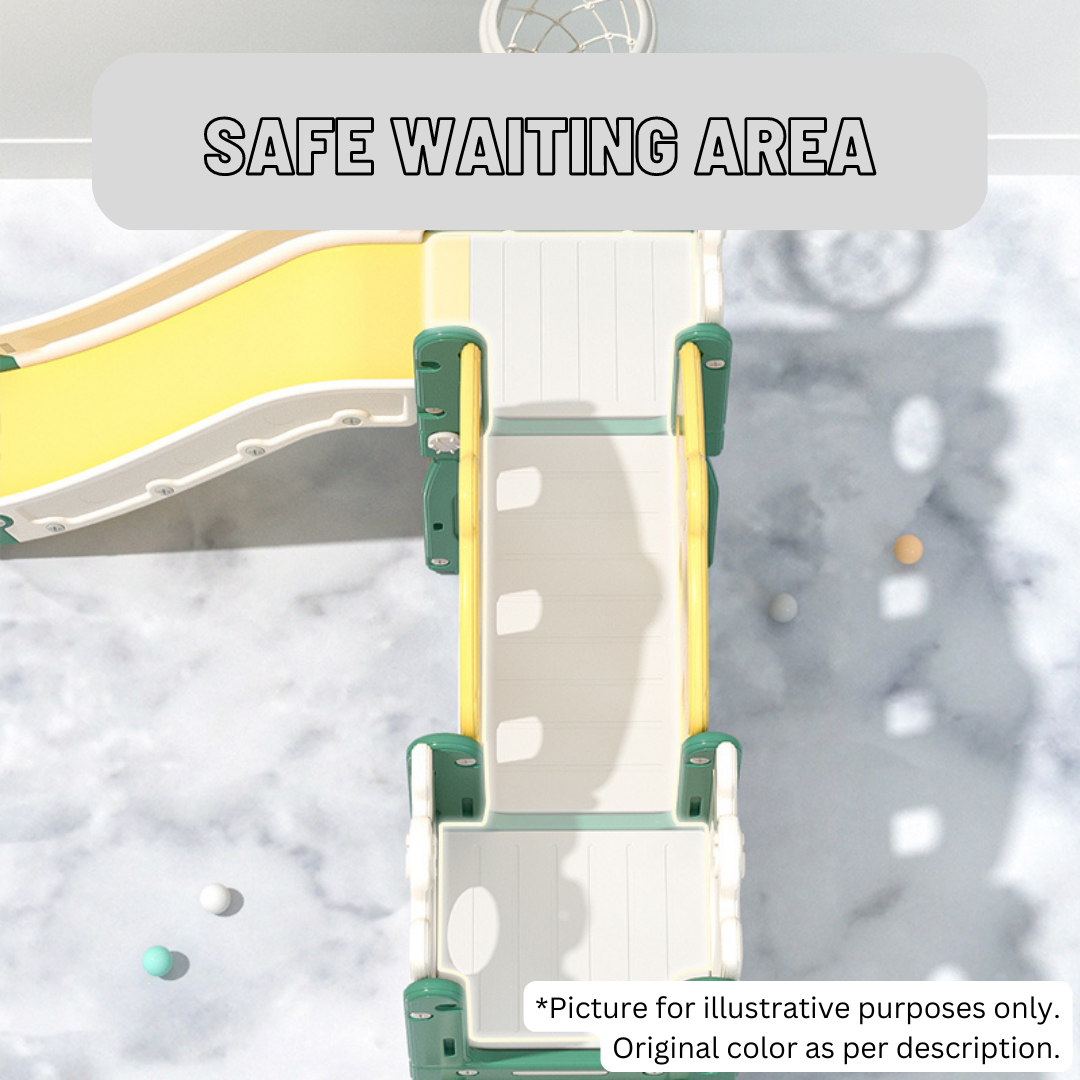Children's playground equipment with a slide and ladder, labeled 'Safe Waiting Area'.