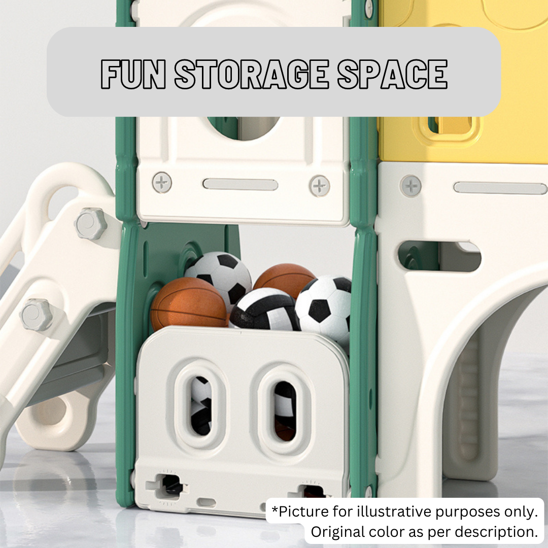 Toy storage unit with sports balls inside, labeled 'Fun Storage Space'.