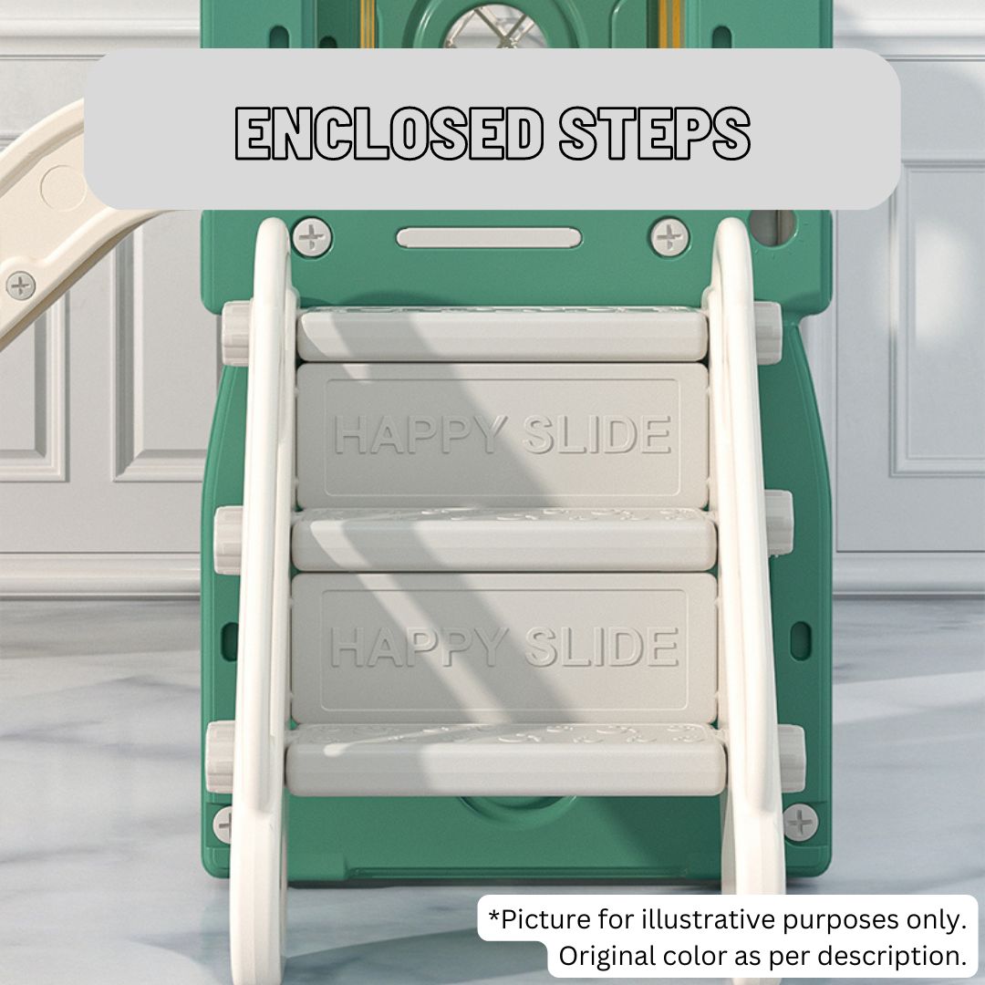 Enclosed steps with green frame and white steps.