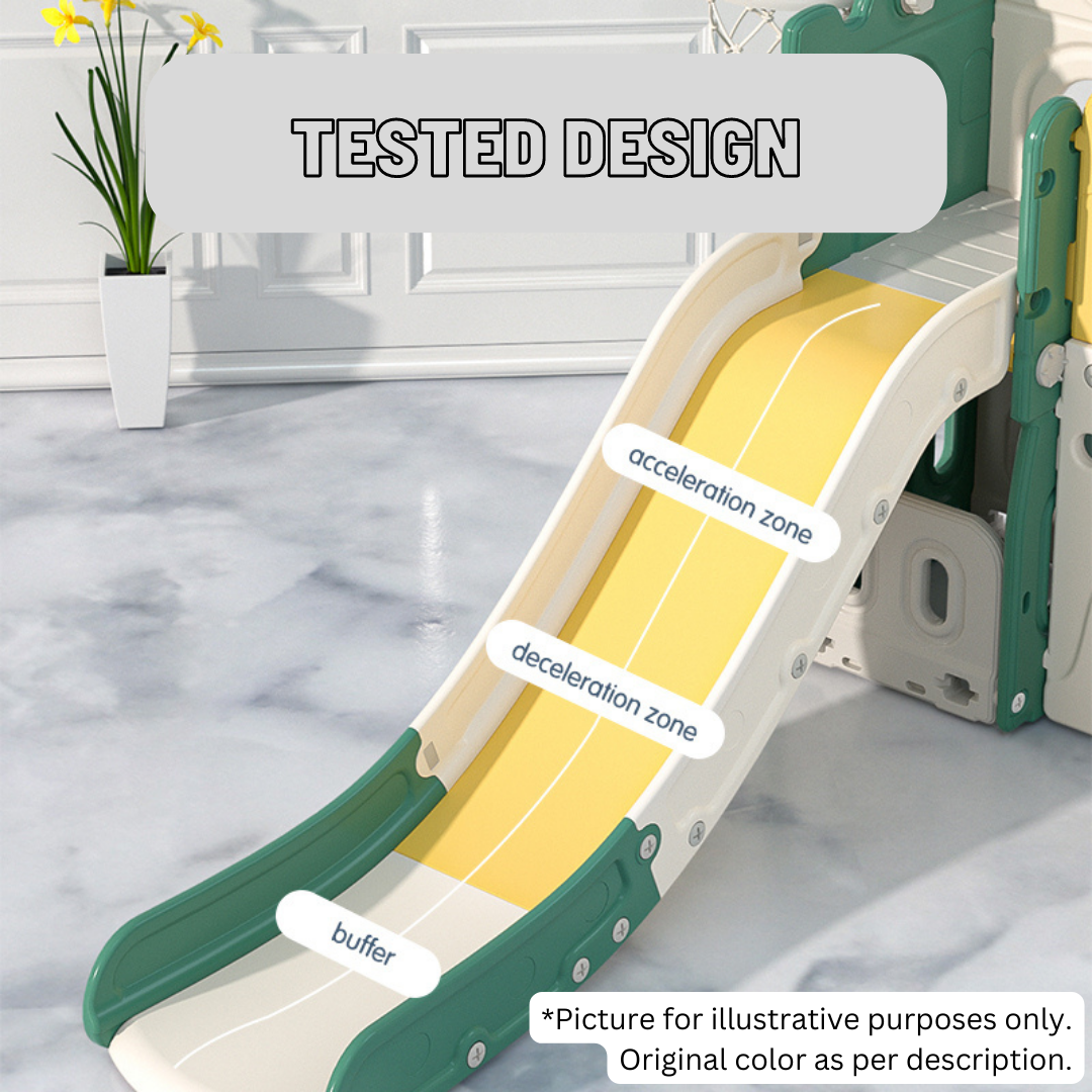 Children's slide with labeled zones on a marble floor