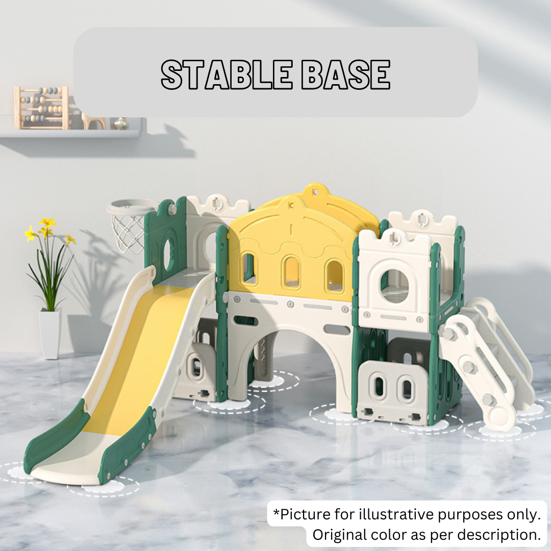 Children's play structure with slides and playhouse on a light gray background