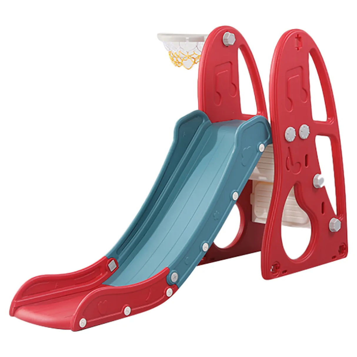 Children's slide with red and blue sides on a white background