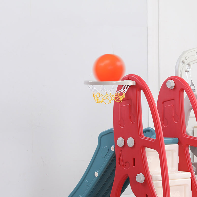 Children's basketball hoop with a red backboard and blue base on a white background