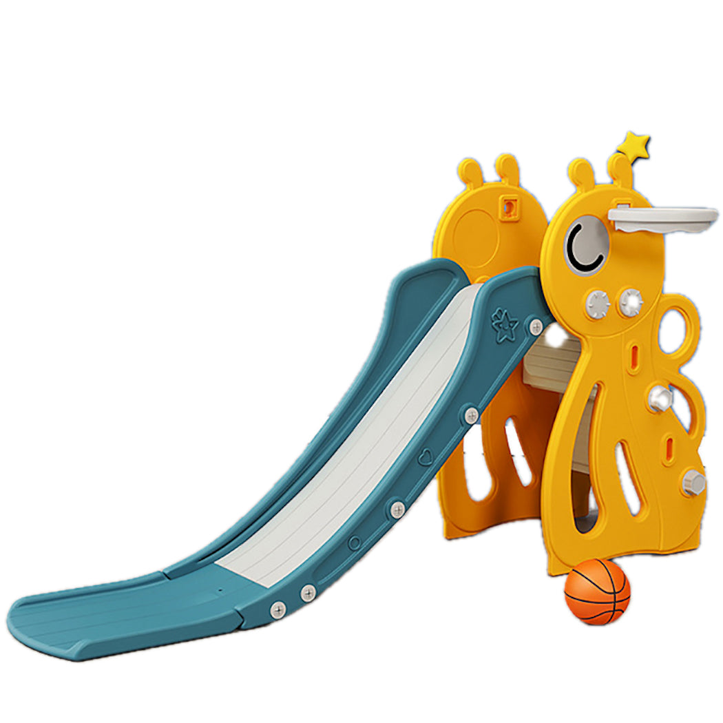 Children's slide with basketball hoop and ball on a white background