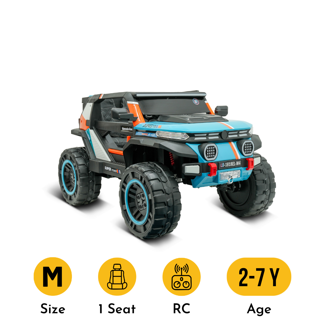 Toy off-road vehicle with blue and black design with features and age range displayed on a white background