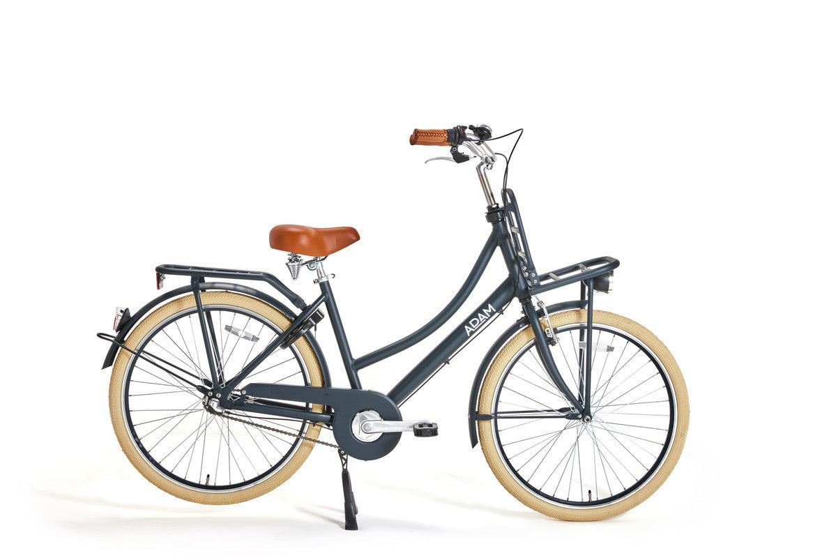 Navy bicycle with a brown seat on a white background
