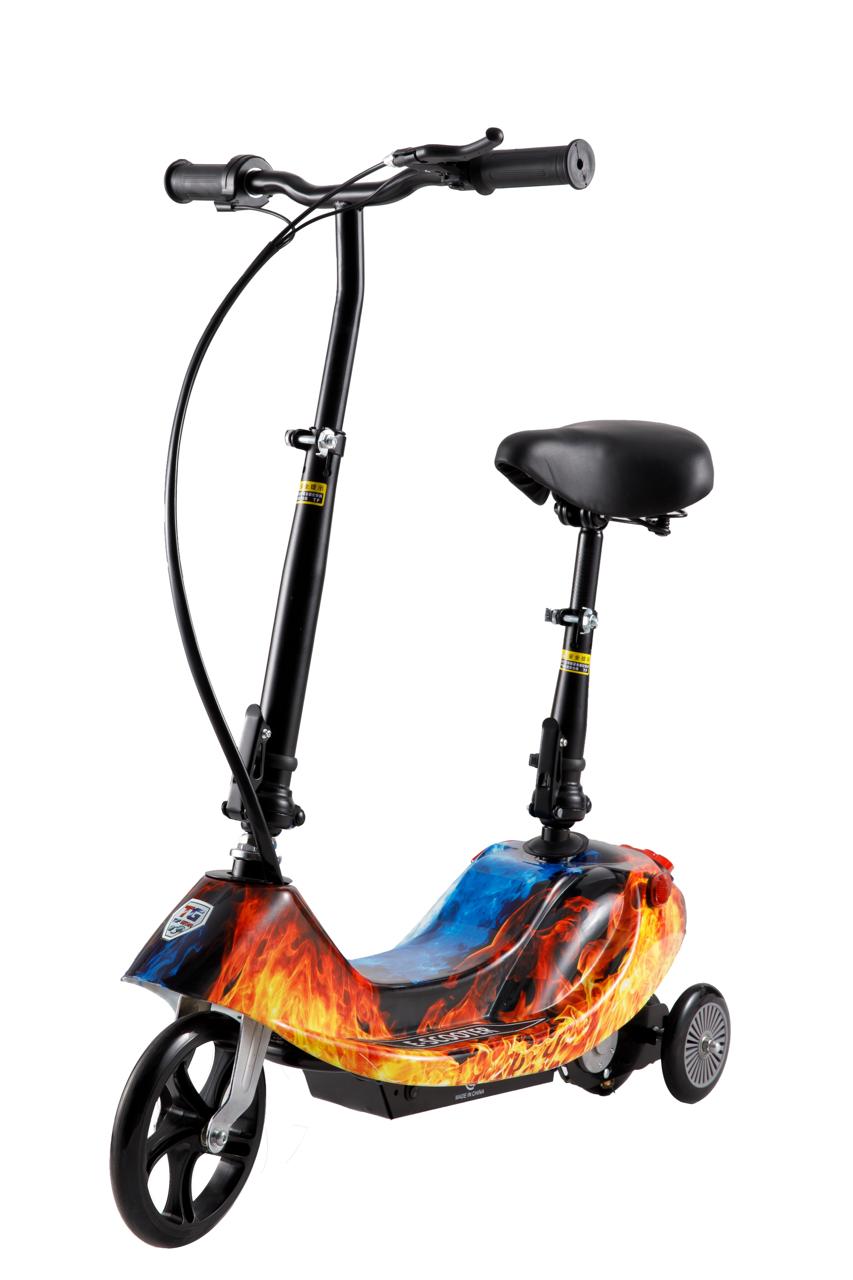 Flame-patterned scooter with a seat on a white background