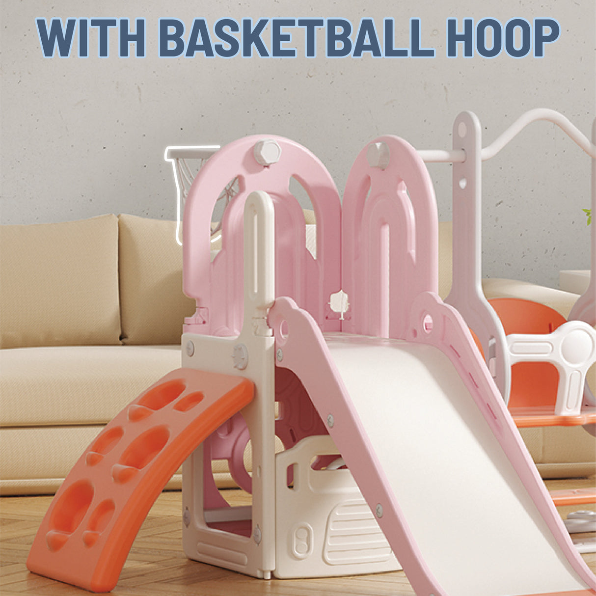 Pink and white slide with basketball hoop and climbing stairs on a wooden floor.
