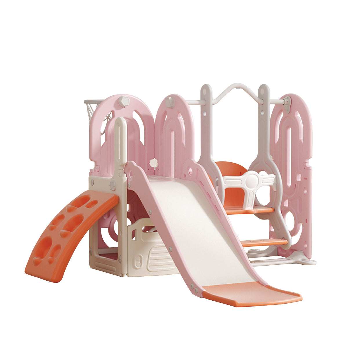 Children's playground slide and climbing structure with pink and orange colors on a white background