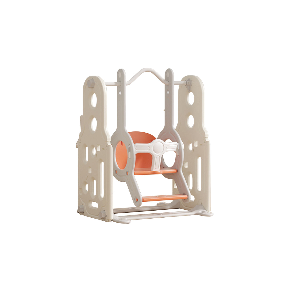 Children's swing with orange seat on a white background
