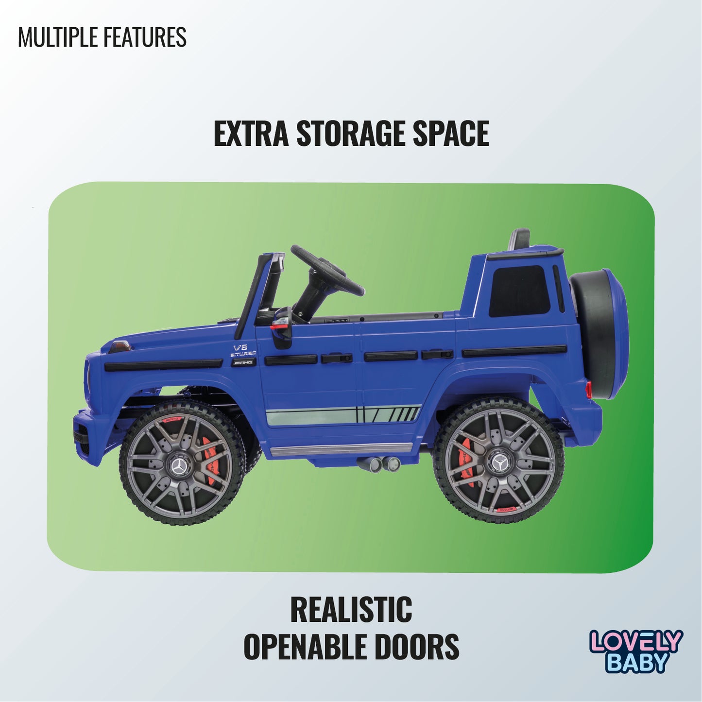 Blue toy truck with openable doors on a green and light blue background, featuring text about features.