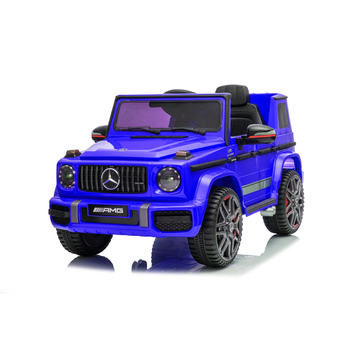 Blue toy car with Mercedes-Benz logo on a white background