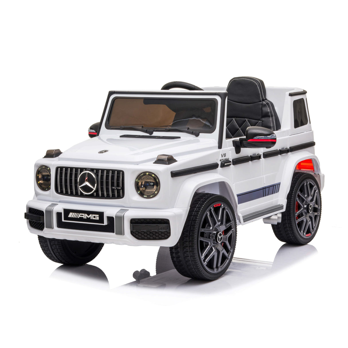White toy car with black details with AMG logo on a white background