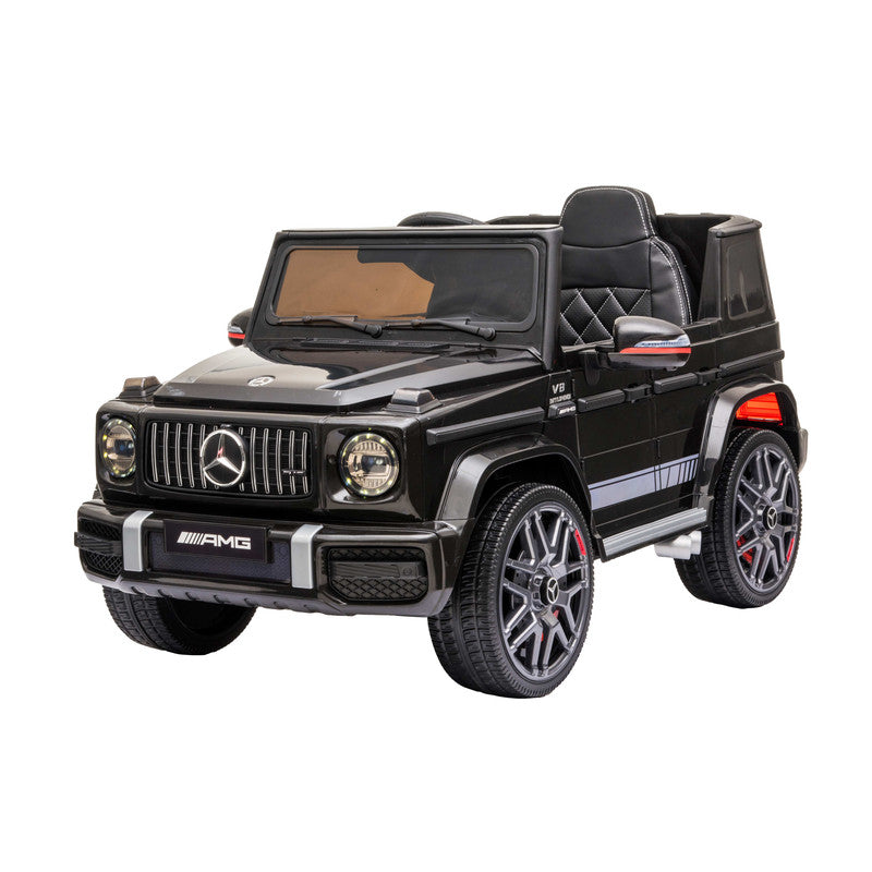 Kids electric ride-on black Mercedes-Benz AMG Jeep with leather seats and all-terrain wheels.