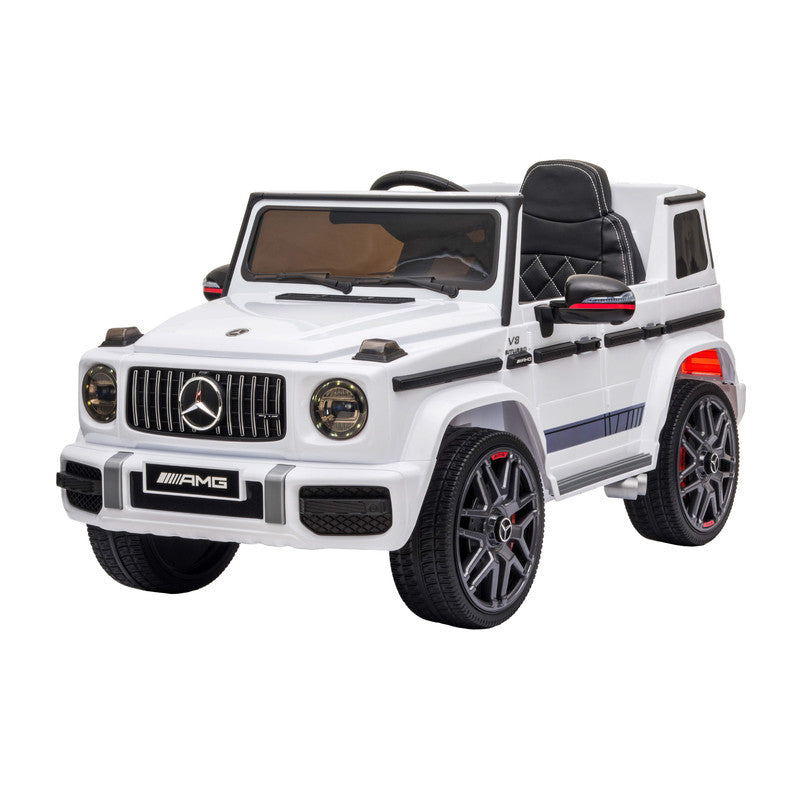 Kids electric ride-on black Mercedes-Benz AMG Jeep with leather seats and all-terrain wheels.