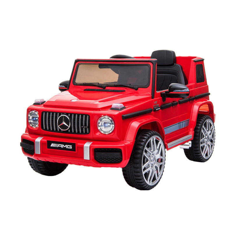 Kids electric ride-on black Mercedes-Benz AMG Jeep with leather seats and all-terrain wheels.