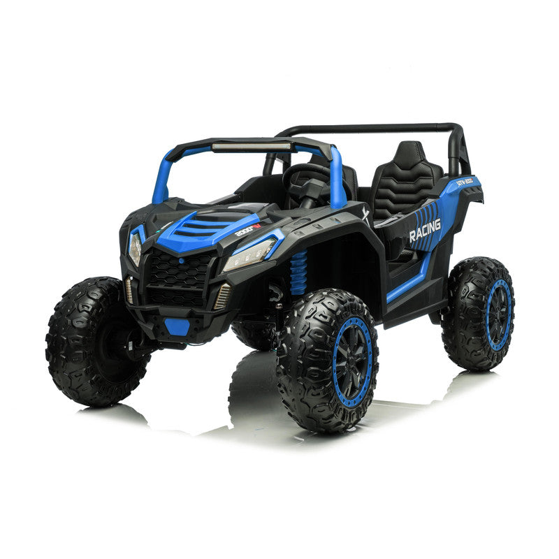 Toy off-road vehicle with blue and black design on a white background