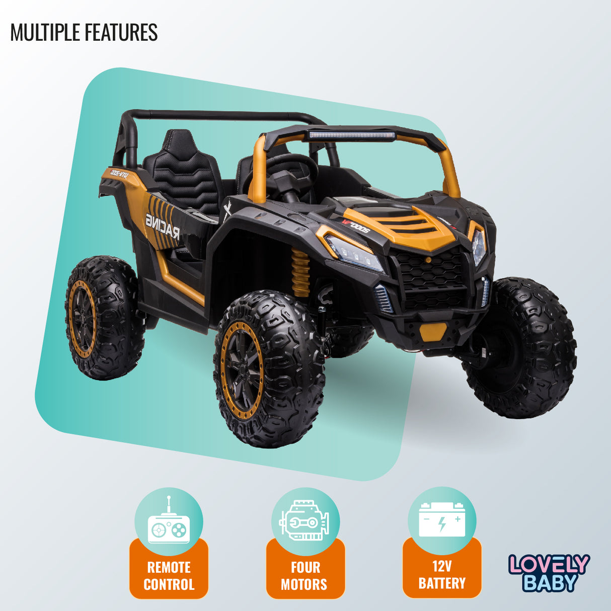 Toy off-road vehicle with features listed on a light blue background