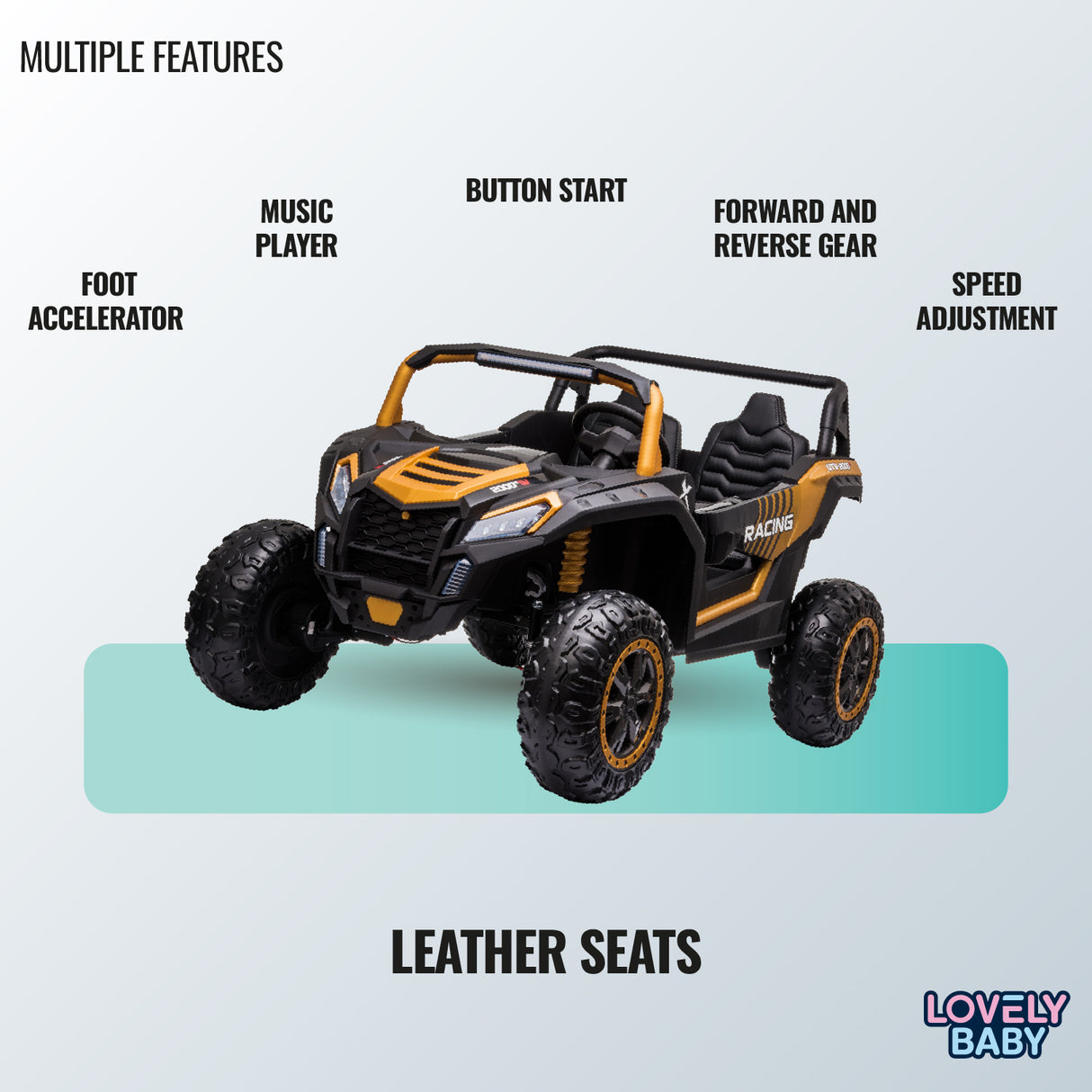 Toy off-road vehicle with features listed on a light blue background