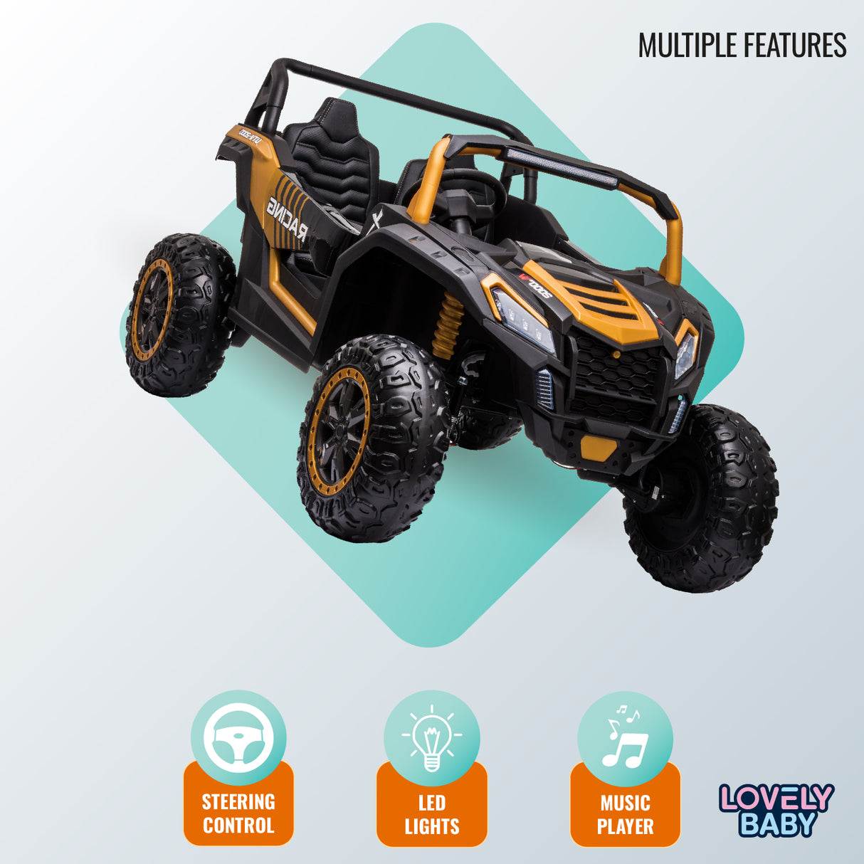 Toy off-road vehicle with features like steering control, LED lights, music player on a light blue background.