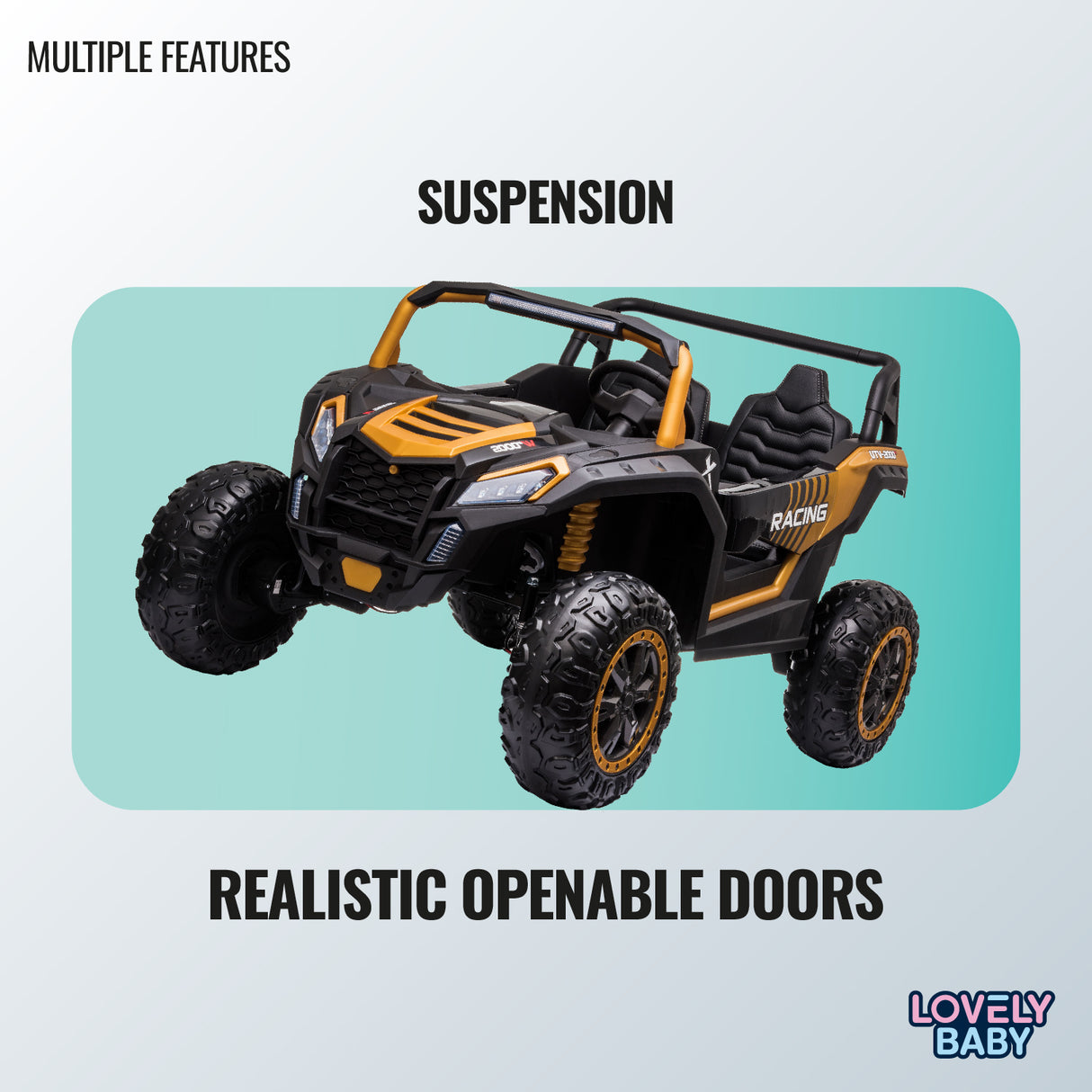Toy off-road vehicle with suspension and openable doors on a light blue background, featuring the brand 'Lovely Baby'.