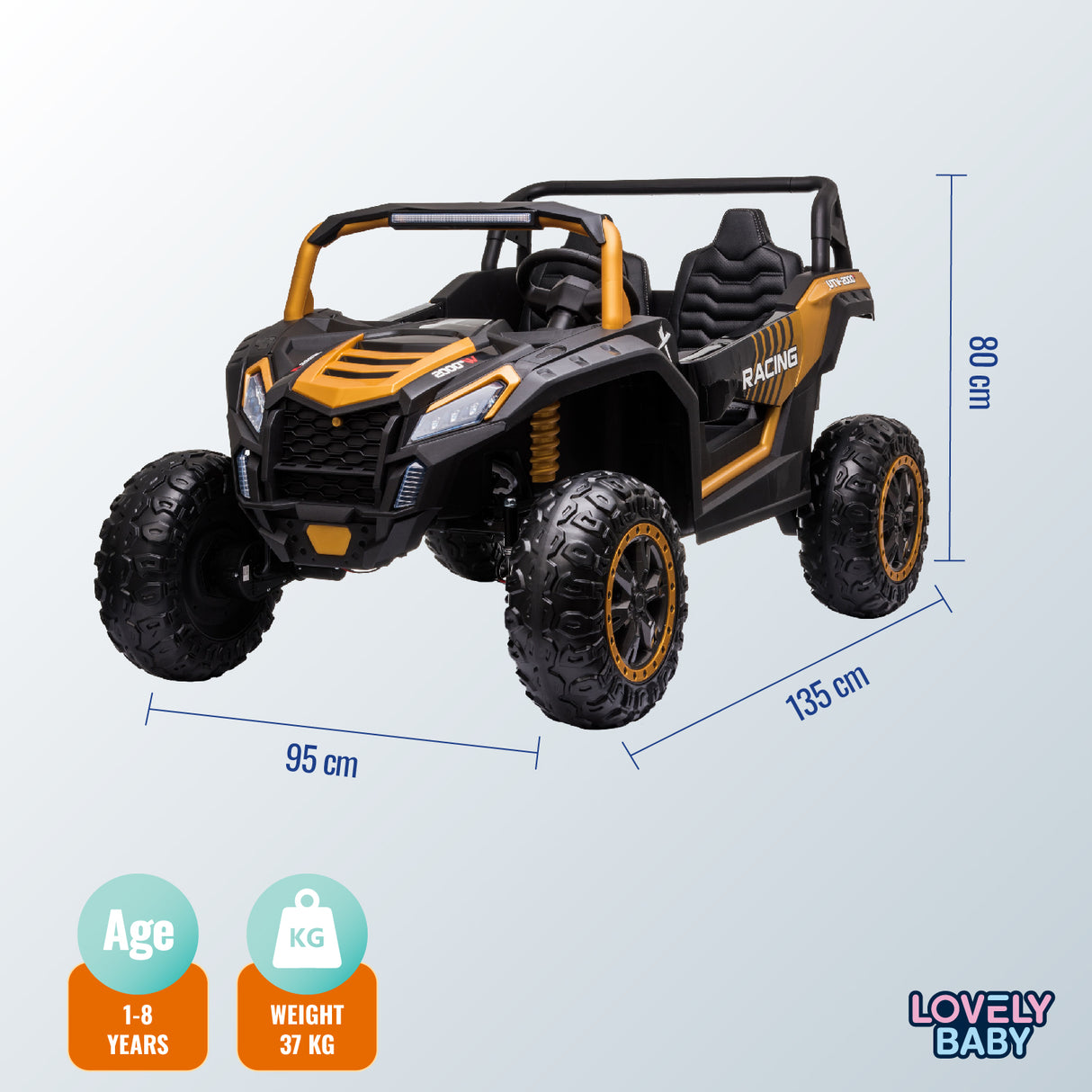 Toy off-road vehicle with dimensions and branding on a light blue background