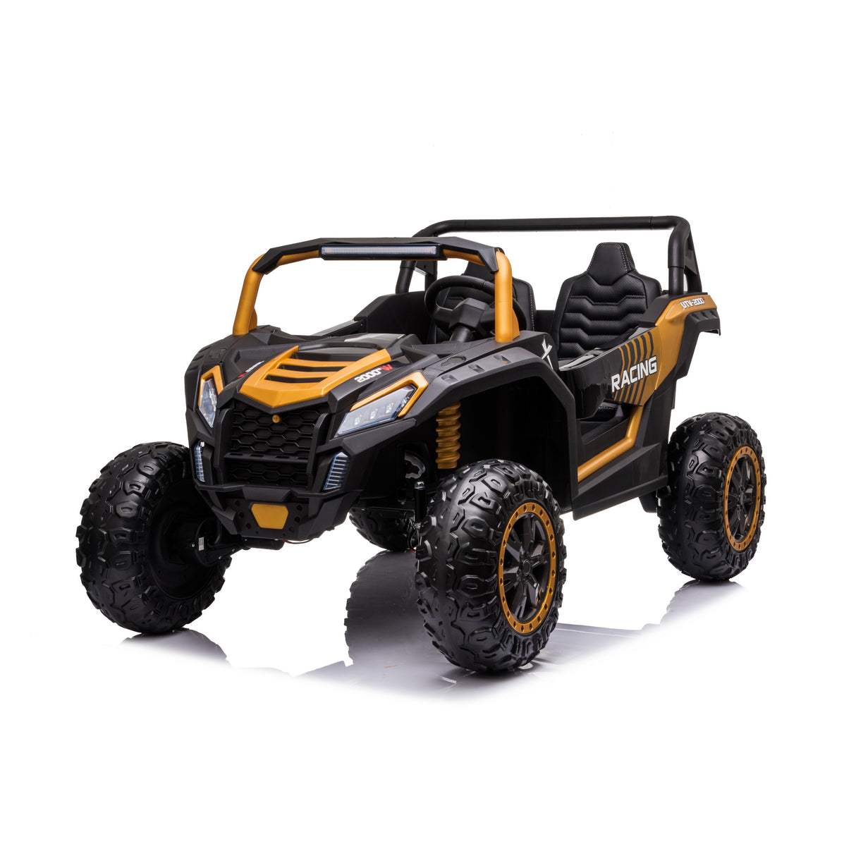 Toy off-road vehicle with black and orange design on a white background
