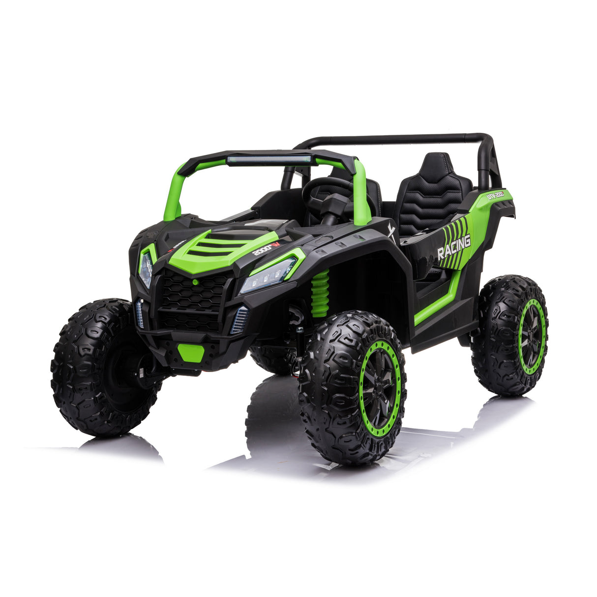 Toy off-road vehicle with green accents on a white background