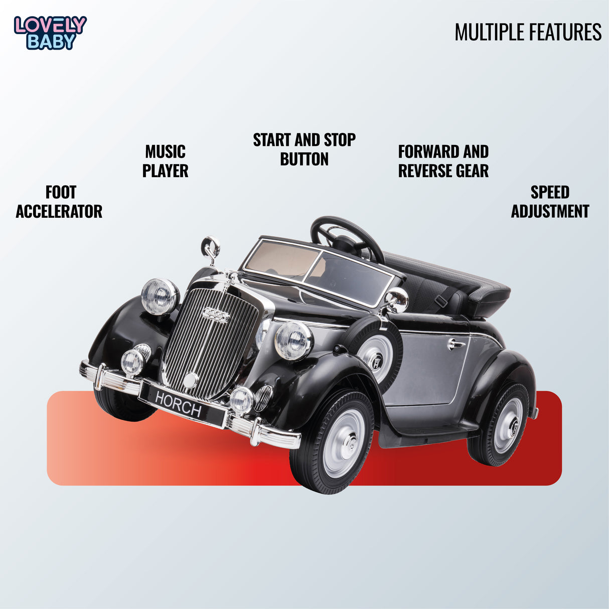 Toy car with features listed on a light gray background