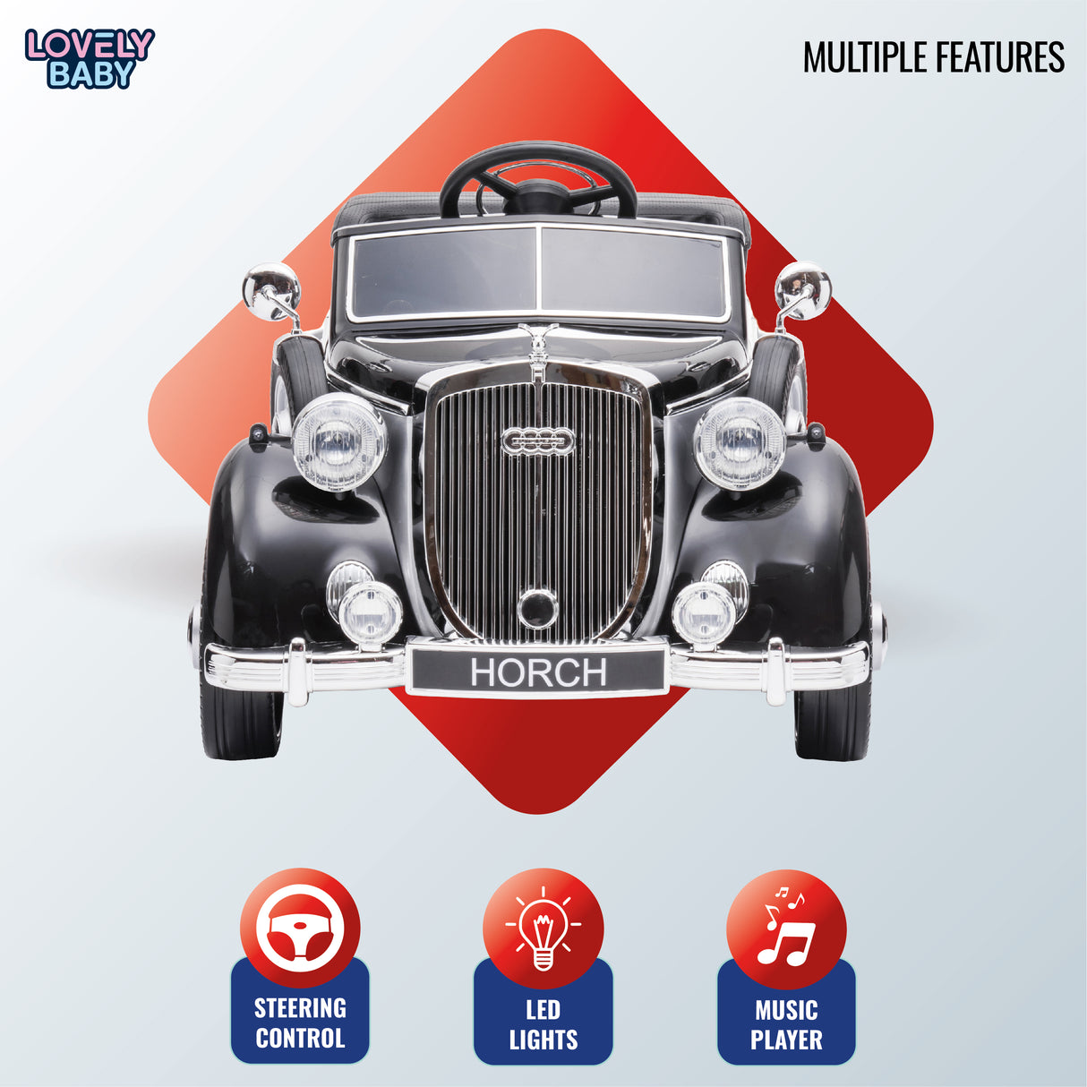 Toy car with HORCH branding on a white background, featuring steering control, LED lights, and music player icons.