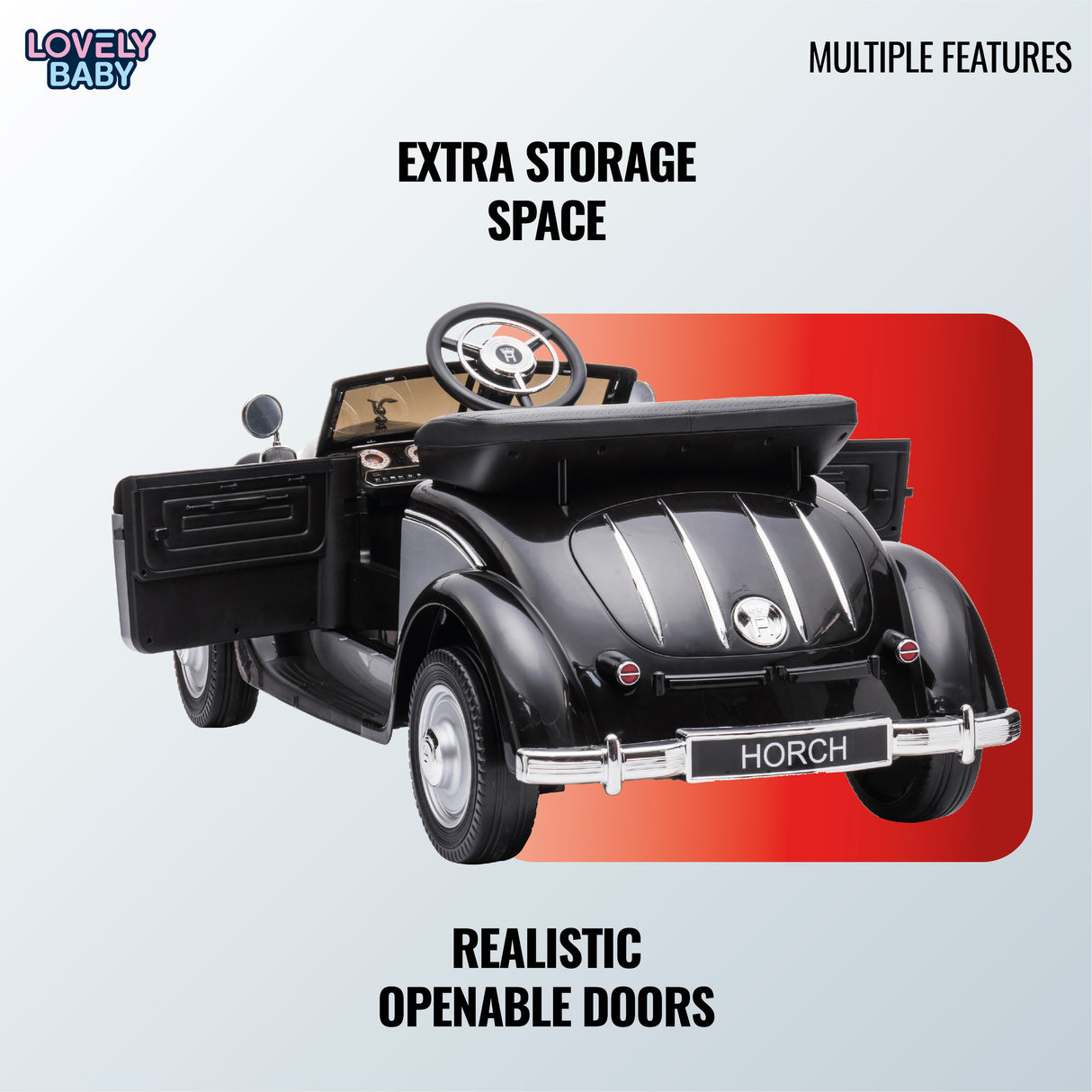 Toy car with openable doors on a white background, featuring the brand 'Lovely Baby'.