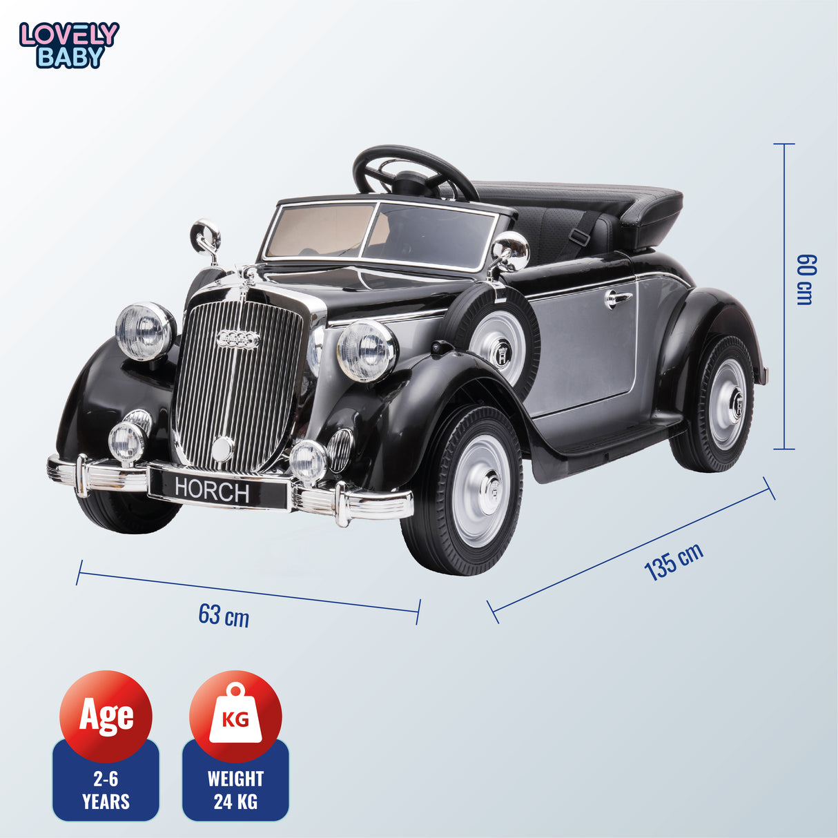 Vintage-style toy car with dimensions and branding on a light blue background