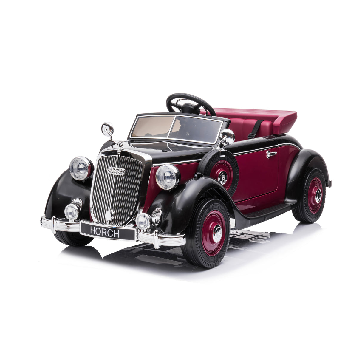 Model of a red vintage Horch car on a white background