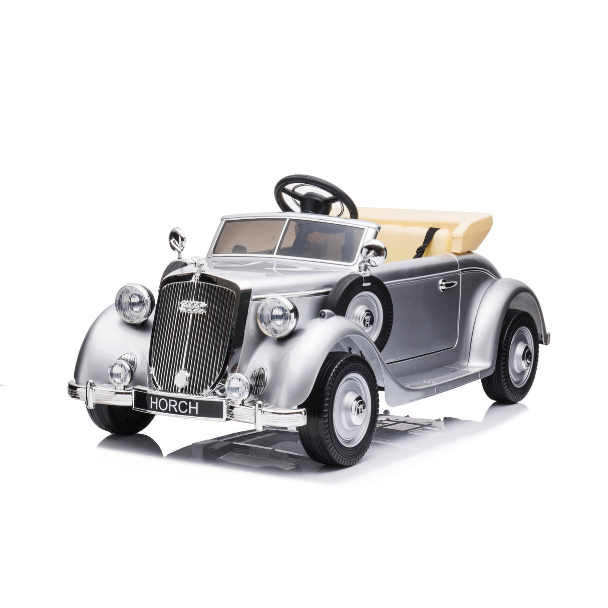 Model of a silver vintage Horch car on a white background