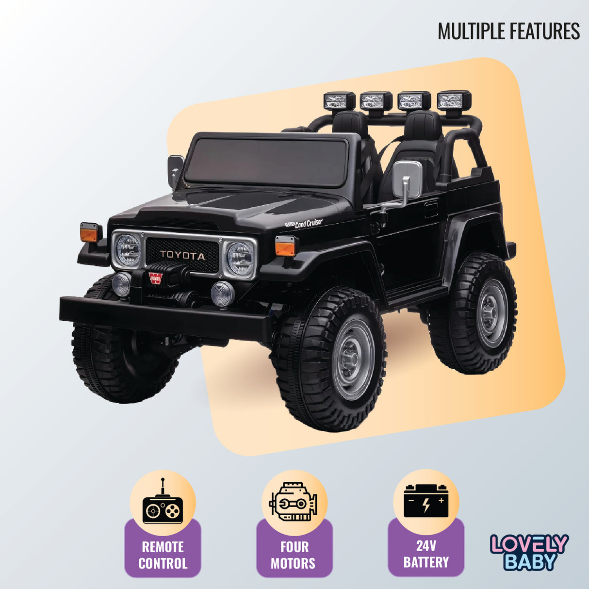 Black toy Toyota vehicle with multiple features highlighted on a light blue background