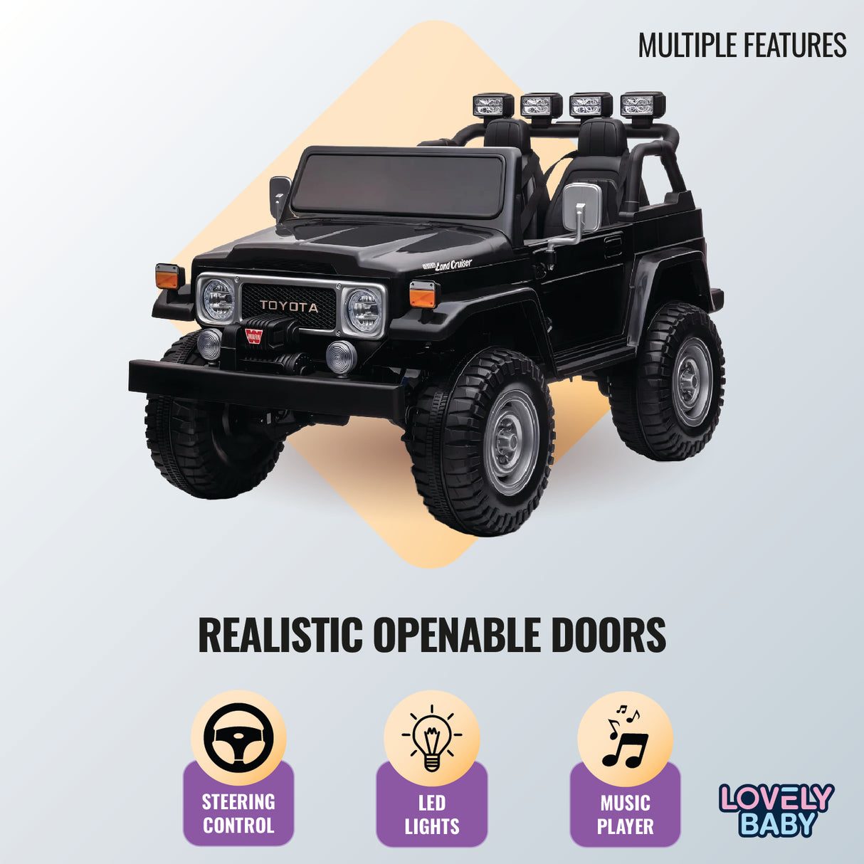 Toy car with openable doors on a light blue background