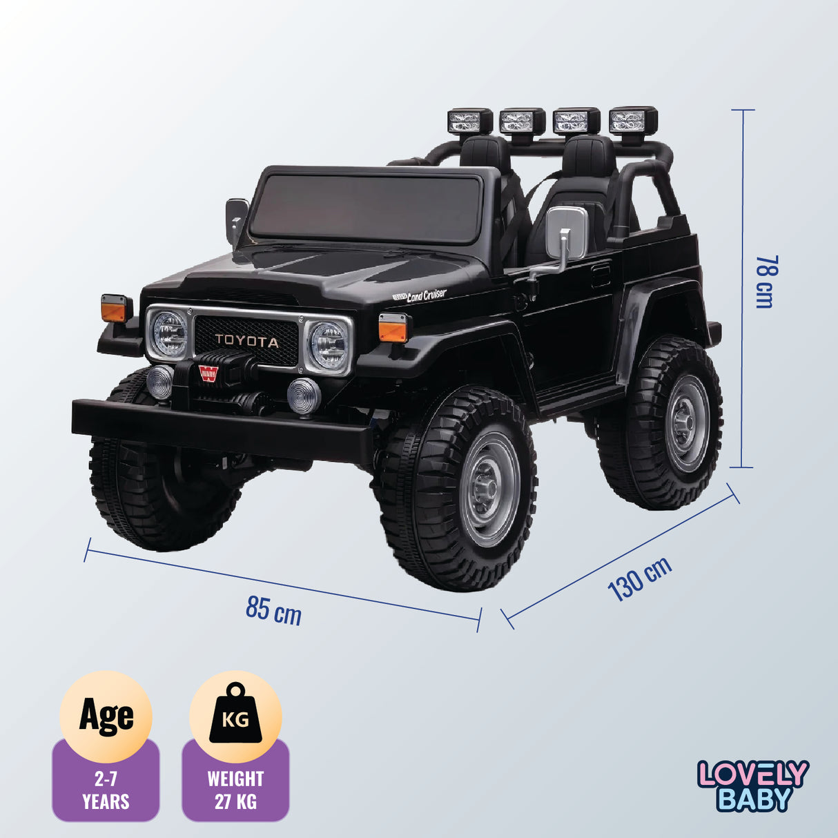 Black toy car with dimensions and branding on a light purple background