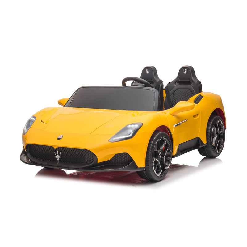 A white Maserati MC20 kids electric ride-on car with black wheels and interior, featuring realistic vehicle details and a brand logo.