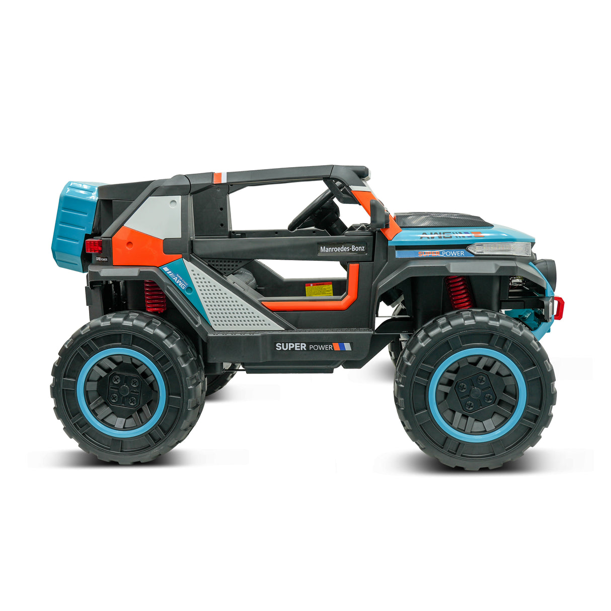 Toy off-road vehicle with large wheels on a white background