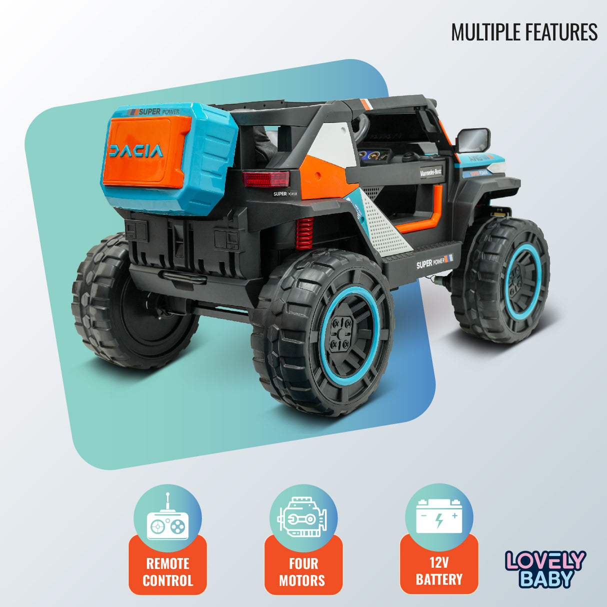 Toy truck with remote control, four motors, and 12V battery on a light blue background