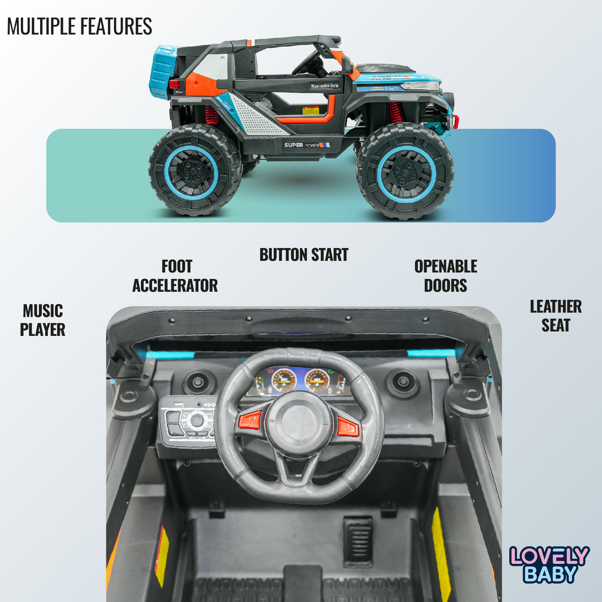 Toy car with features listed on a light gray background