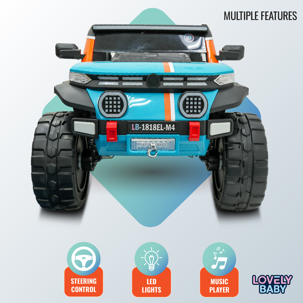 Toy truck with features like steering control, LED lights, and music player on a light blue background.