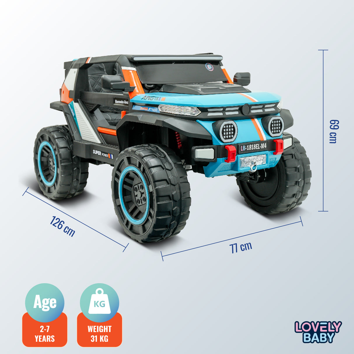 Toy truck with dimensions and branding on a light gray background